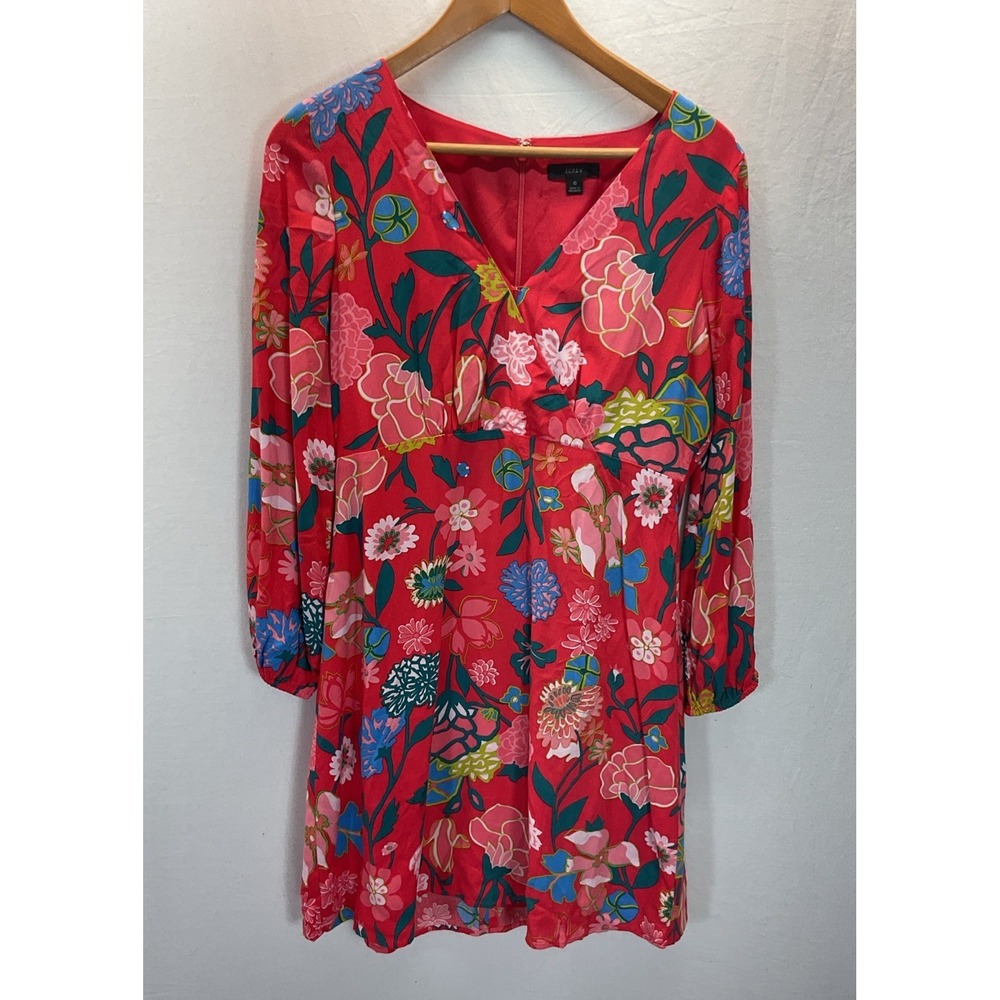 J. Crew Retro-Vibe Floral V-Neck‎ Long Sleeve Red Mini Dress Size 6 Spring Light